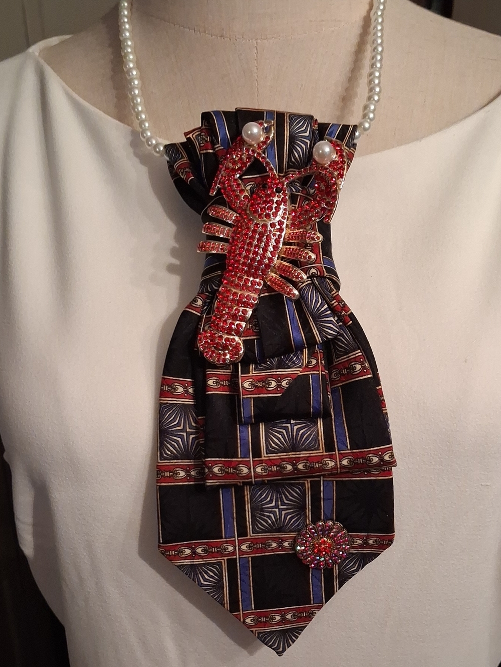 Pearl-Accent Lobster Upcycled Necktie Necklace